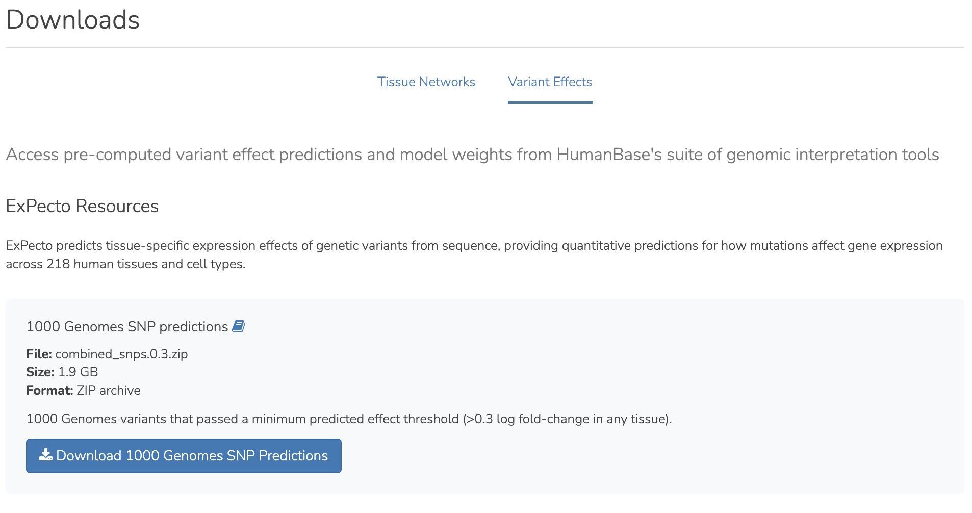 Enhanced Downloads page showing Variant Effects tab with organized resources